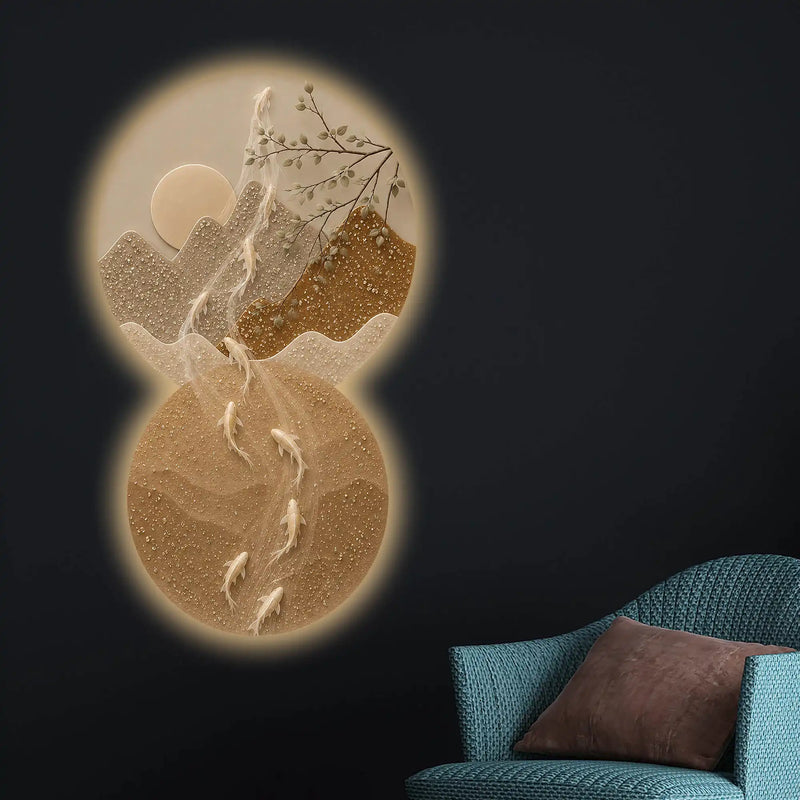 Moonlit Mountain Koi Reflection Crystal Glass Backlit LED Painting