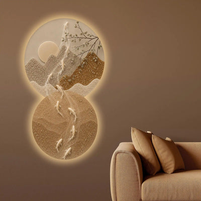Moonlit Mountain Koi Reflection Crystal Glass Backlit LED Wall Art