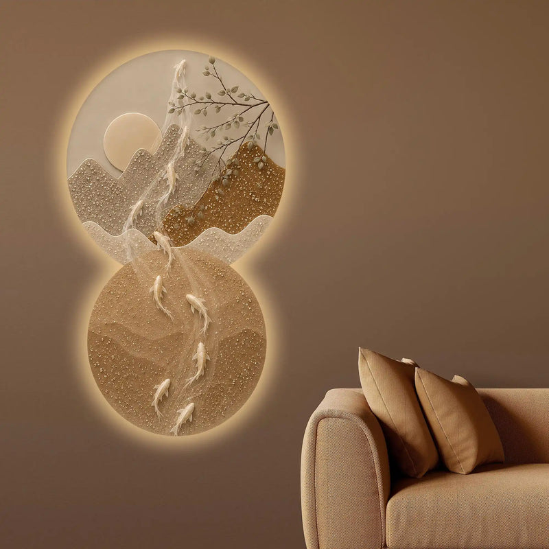 Moonlit Mountain Koi Reflection Crystal Glass Backlit LED Wall Art
