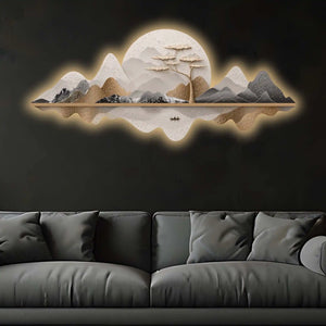 Moonlit Mountain Voyage Premium Crystal Glass Backlit LED Wall Art
