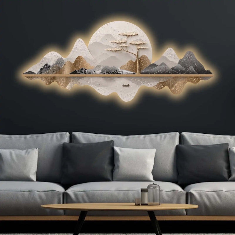 Moonlit Mountain Voyage Premium Crystal Glass Backlit LED Wall Art