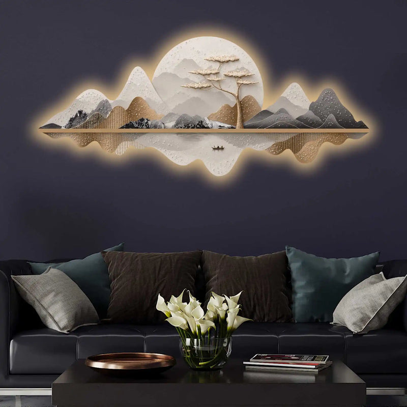 Moonlit Mountain Voyage Premium Crystal Glass Backlit LED Wall Art