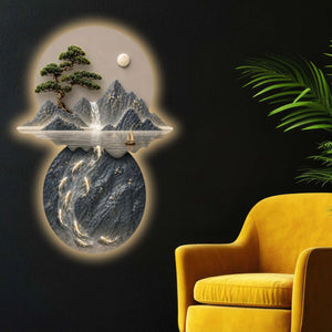 Moonlit Mountain Waterfall & Koi Pond Crystal Glass Backlit LED Wall Art