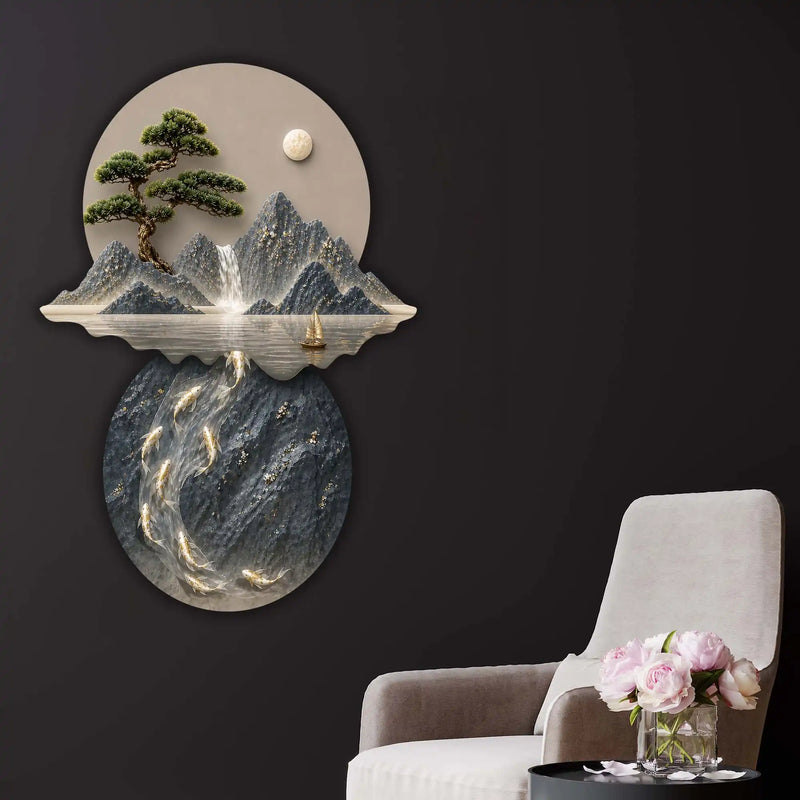 Moonlit Mountain Waterfall & Koi Pond Crystal Glass Backlit LED Wall Art