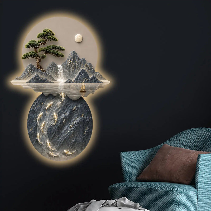Moonlit Mountain Waterfall & Koi Pond Crystal Glass Backlit LED Wall Art