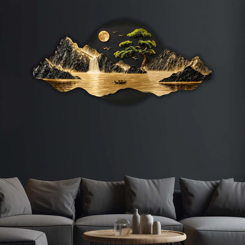Moonlit Waterfall Bonsai Tree & River Crystal Glass Backlit LED Painting