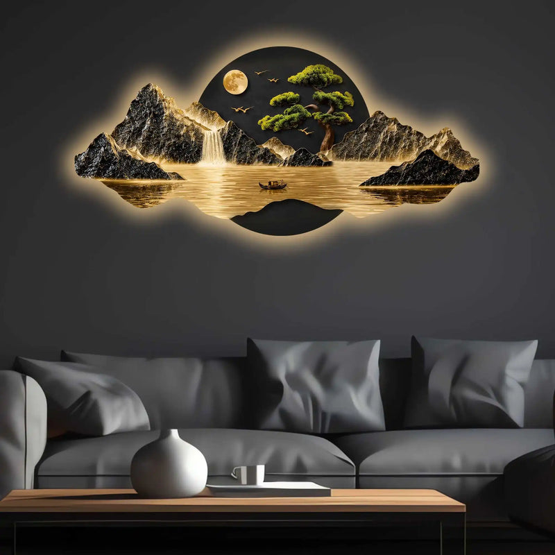 Moonlit Waterfall Bonsai Tree & River Crystal Glass Backlit LED Painting