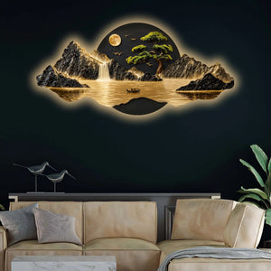 Moonlit Waterfall Bonsai Tree & River Crystal Glass Backlit LED Wall Art