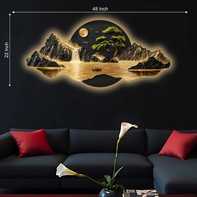 Moonlit Waterfall Bonsai Tree & River Crystal Glass Backlit LED Wall Art