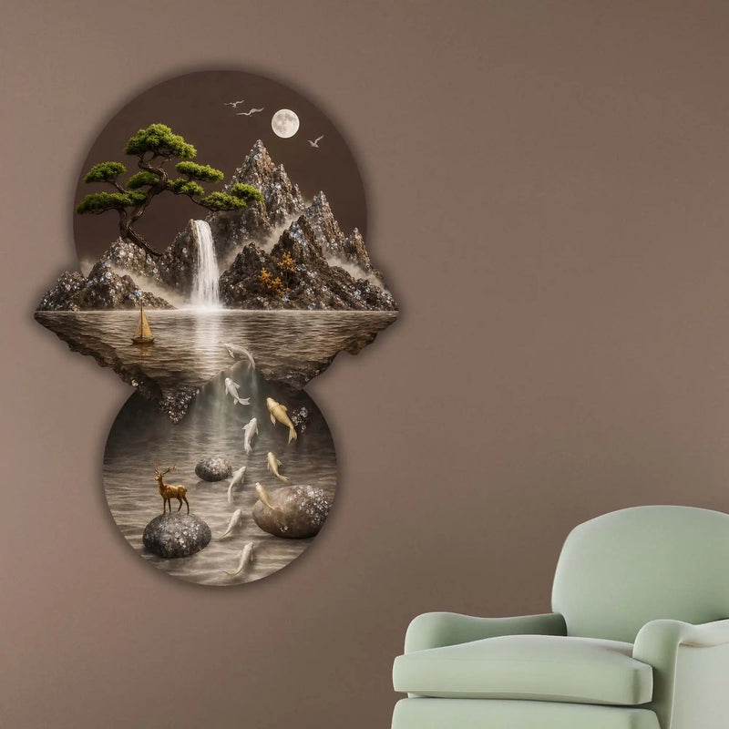 Moonlit Waterfall Koi Fish & Deer Crystal Glass Backlit LED Painting