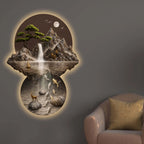 Moonlit Waterfall Koi Fish & Deer Crystal Glass Backlit LED Painting