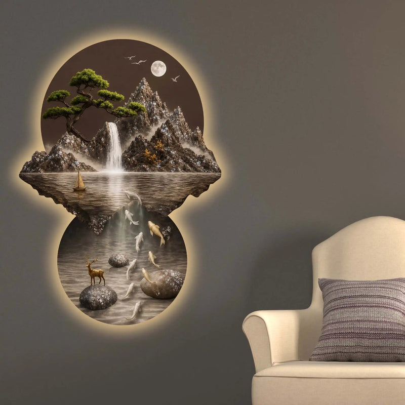 Moonlit Waterfall Koi Fish & Deer Crystal Glass Backlit LED Painting
