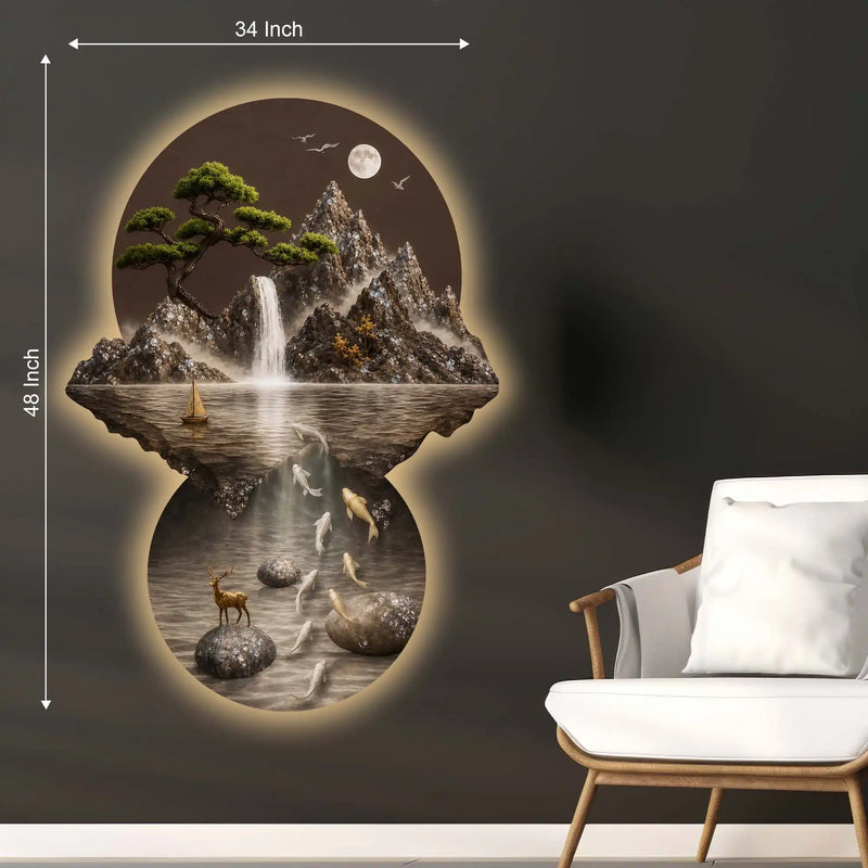 Moonlit Waterfall Koi Fish & Deer Crystal Glass Backlit LED Painting