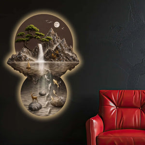 Moonlit Waterfall Koi Fish & Deer Crystal Glass Backlit LED Wall Art