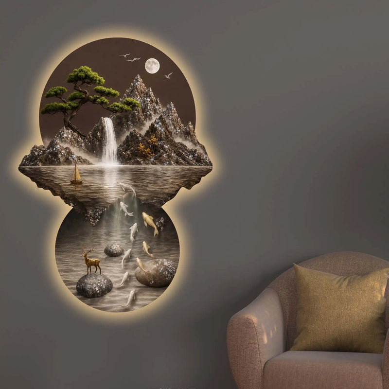 Moonlit Waterfall Koi Fish & Deer Crystal Glass Backlit LED Wall Art