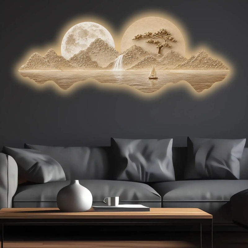 Moonlit Waterfall Landscape Premium Crystal Glass Backlit LED Painting