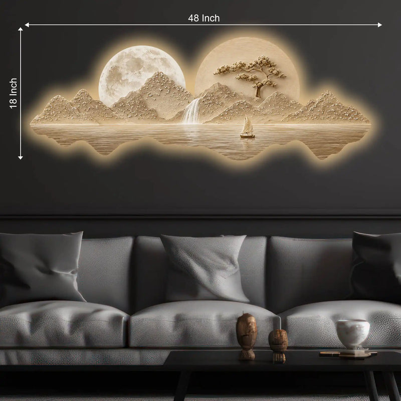 Moonlit Waterfall Landscape Premium Crystal Glass Backlit LED Wall Art