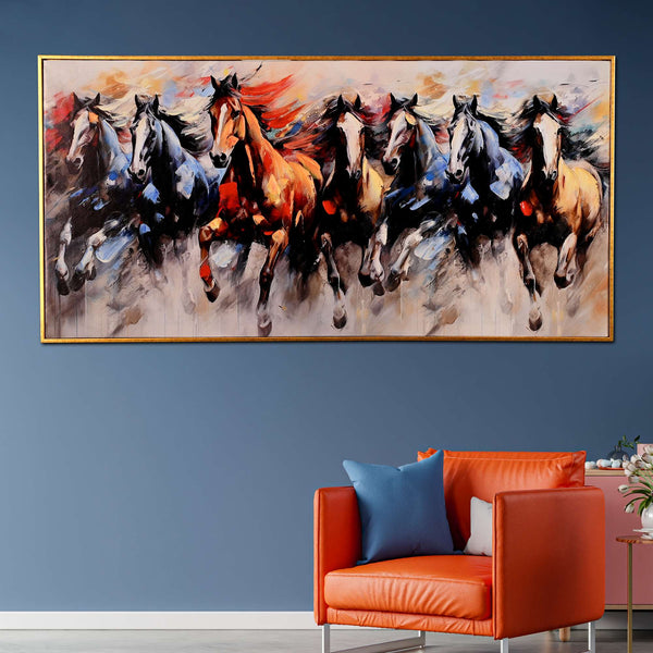 Morning Seven Running Horses Hand Painted Wall Painting with Floating Frame