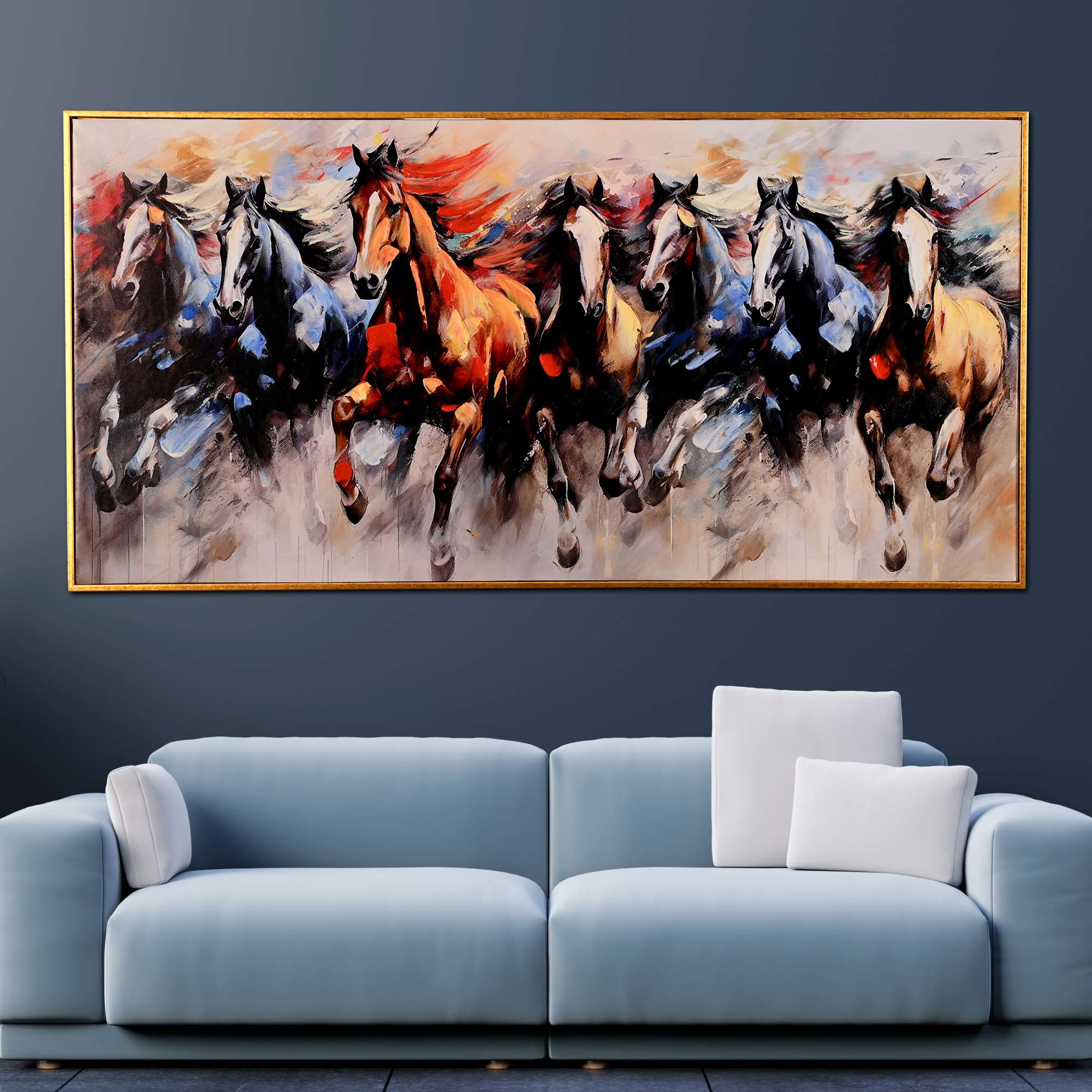 Morning Seven Running Horses Hand Painted Wall Painting with Floating Frame