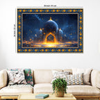 Mosque Night View from Arch Arabic Floral Border Canvas Wall Painting