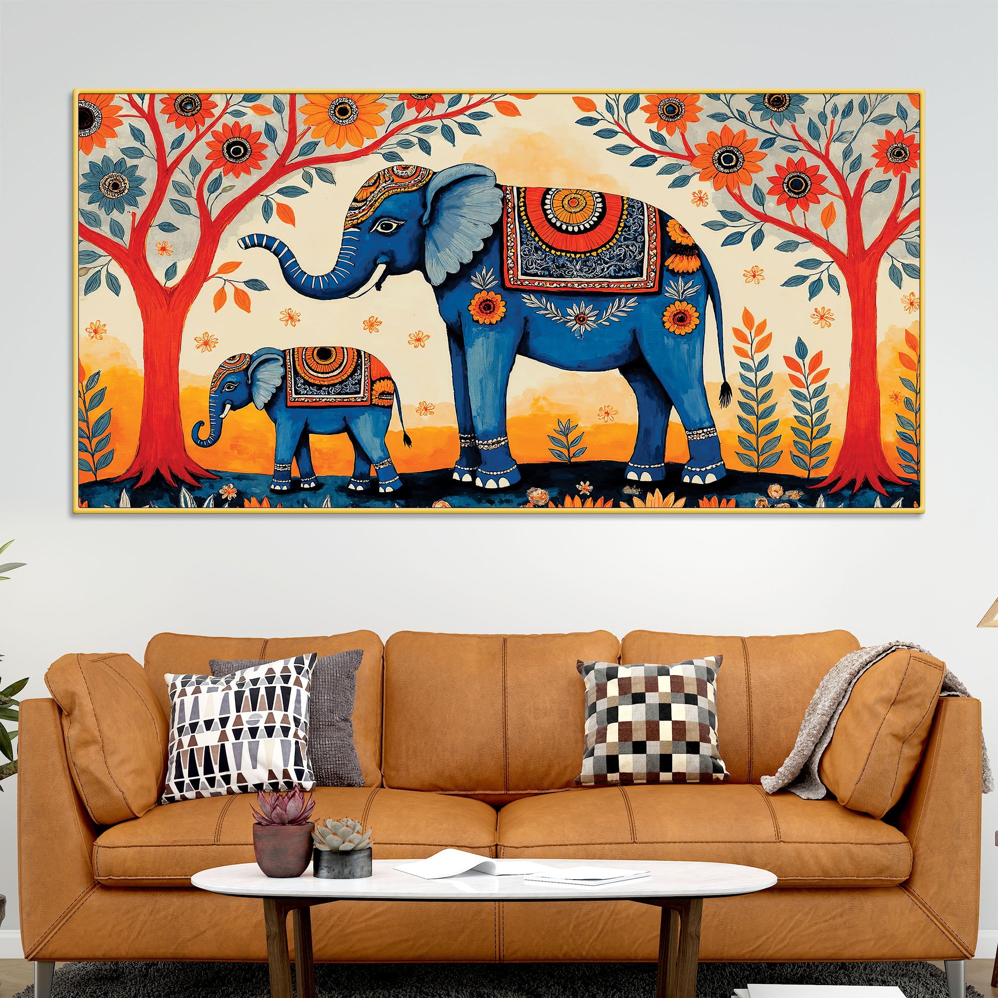 Mother and Baby Elephant Colorful Wall Painting