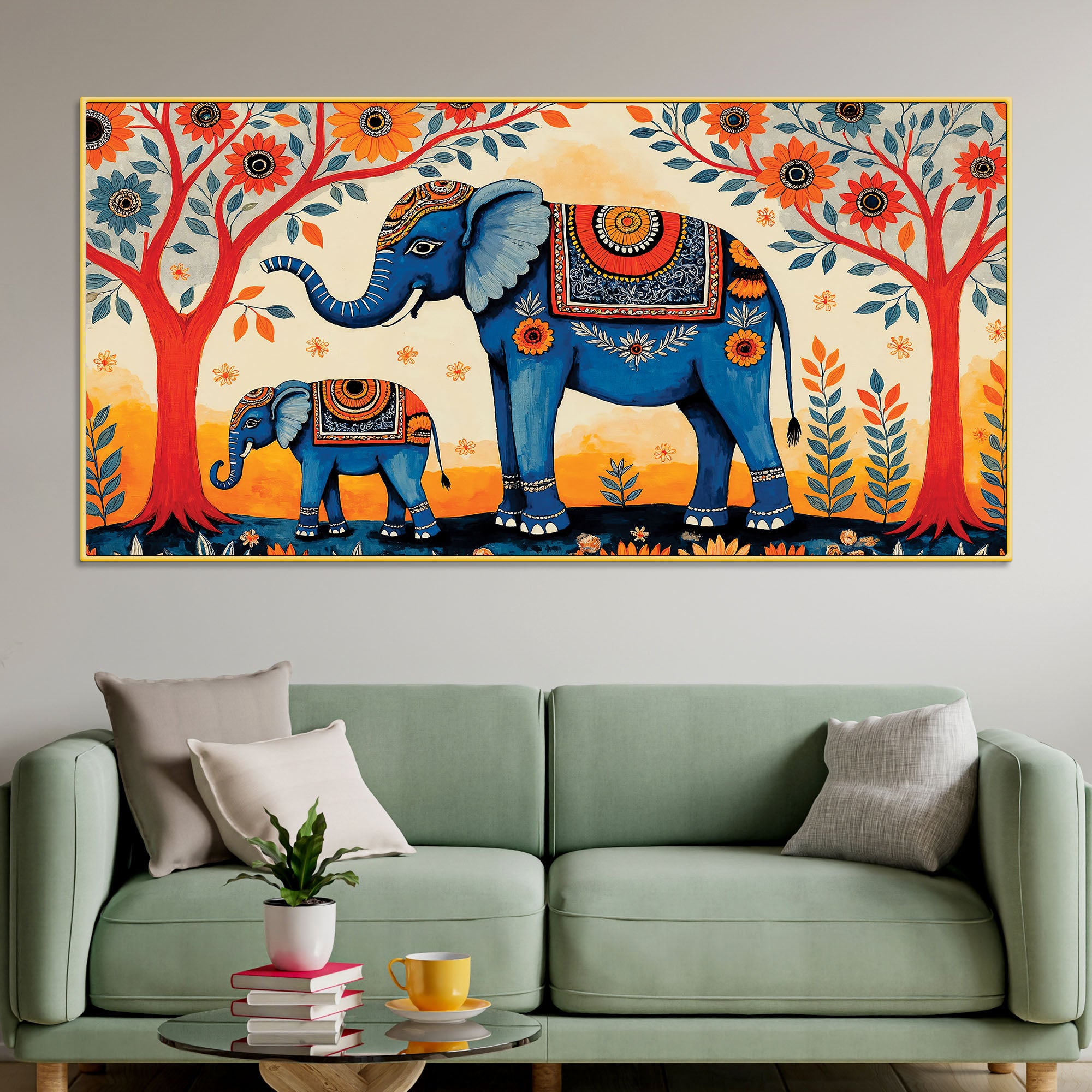 Mother and Baby Elephant Colorful Wall Painting
