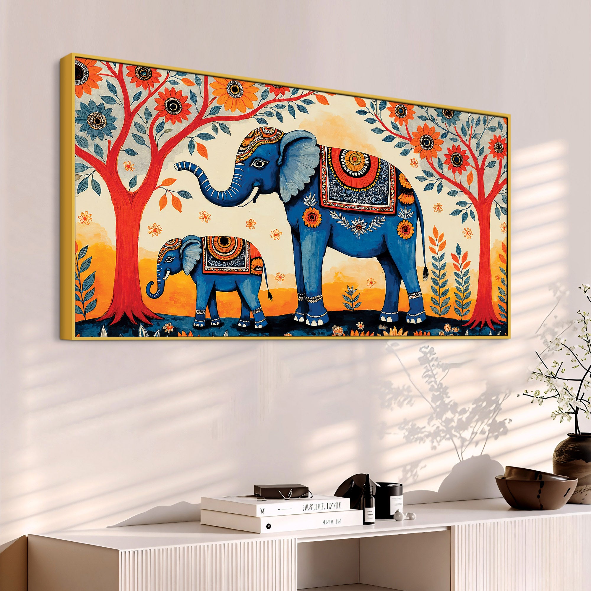 Mother and Baby Elephant Colorful Wall Painting