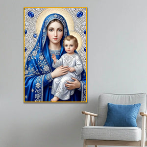Mother Mary and Baby Jesus Floating Frame Crystal Wall Painting