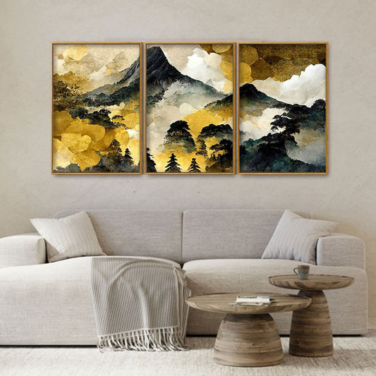 Mountain Scenery of Mount Fuji Premium Floating Canvas Wall Painting Set of Three