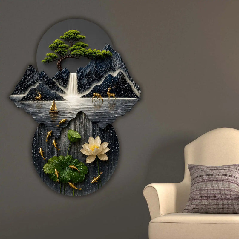Mountains Bonsai Tree Lotus & Waterfall Crystal Glass Backlit LED Painting