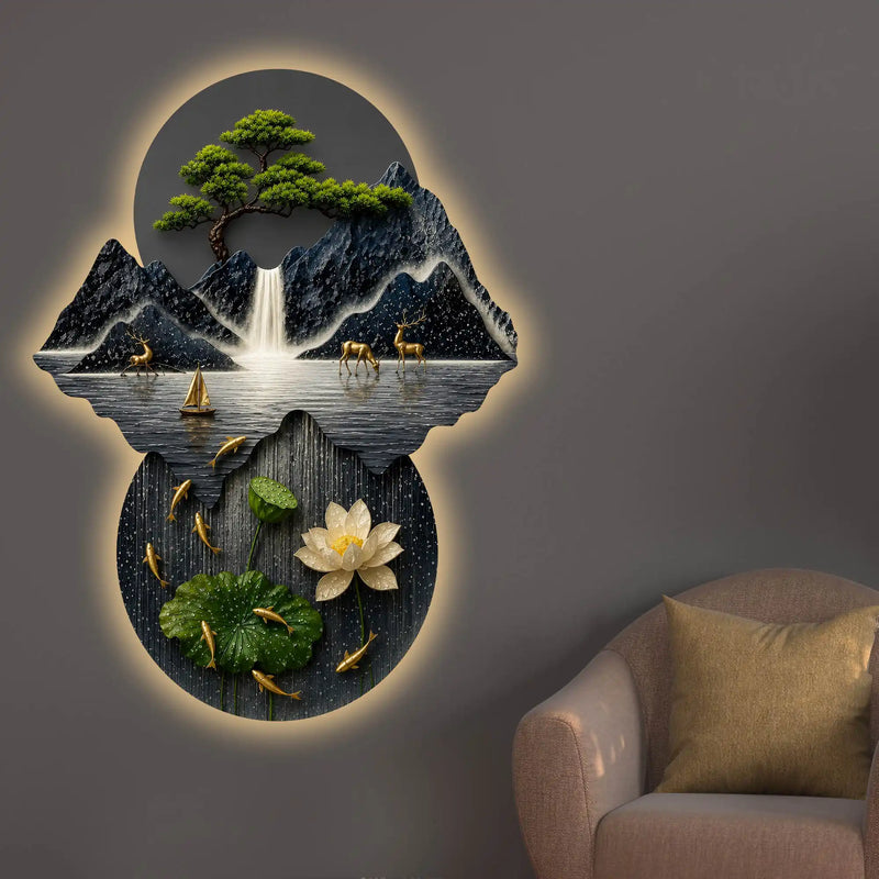 Mountains Bonsai Tree Lotus & Waterfall Crystal Glass Backlit LED Painting