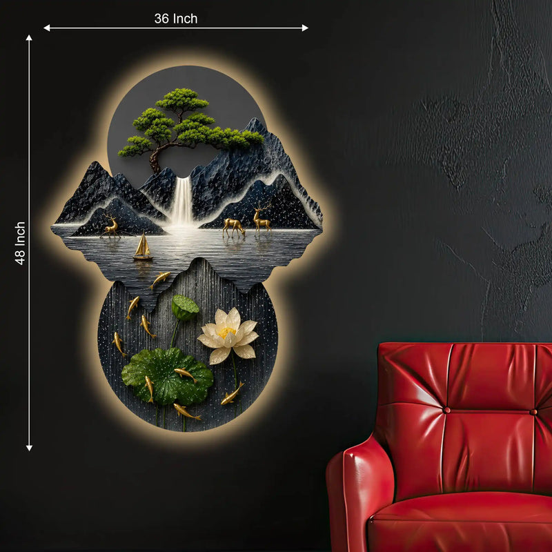Mountains Bonsai Tree Lotus & Waterfall Crystal Glass Backlit LED Painting
