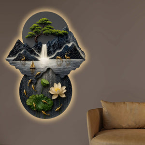 Mountains Bonsai Tree Lotus & Waterfall Crystal Glass Backlit LED Wall Art