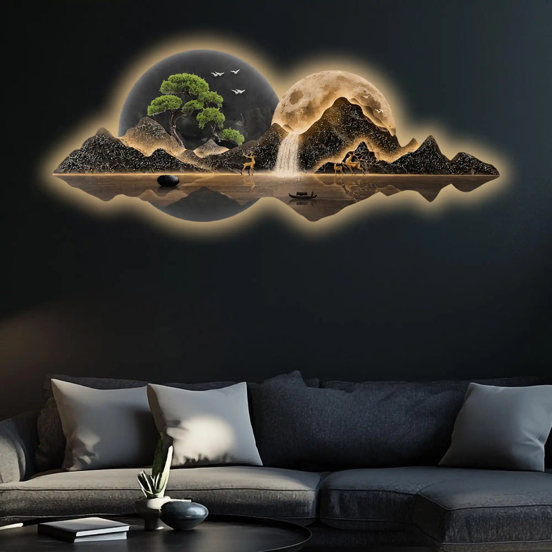 Mountains Trees Moonlit Waterfall & Deer Crystal Glass Backlit LED Painting