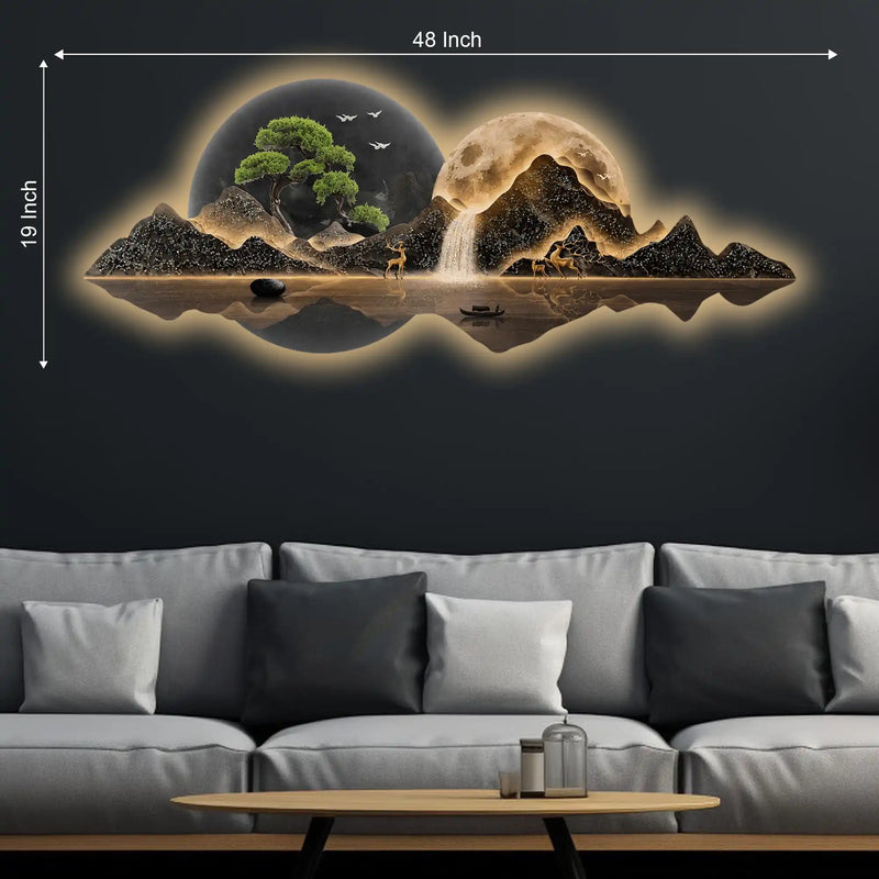 Mountains Trees Moonlit Waterfall & Deer Crystal Glass Backlit LED Painting