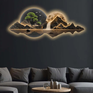 Mountains Trees Moonlit Waterfall & Deer Crystal Glass Backlit LED Wall Art