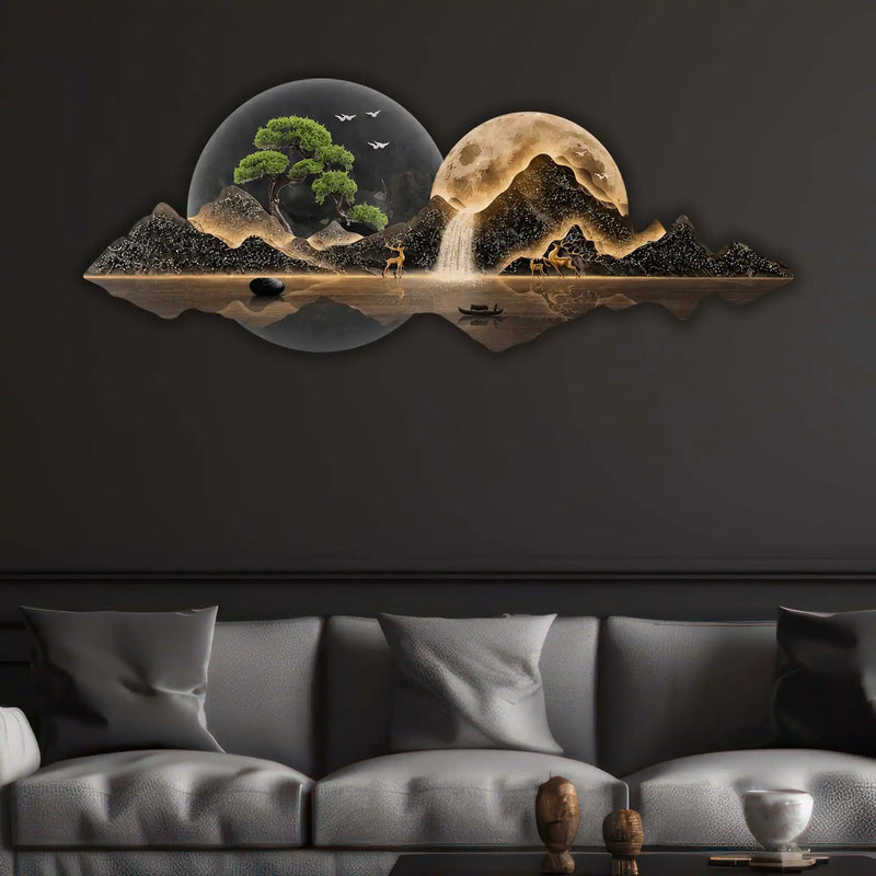 Mountains Trees Moonlit Waterfall & Deer Crystal Glass Backlit LED Wall Art
