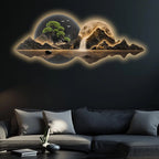 Mountains Trees Moonlit Waterfall & Deer Crystal Glass Backlit LED Wall Art