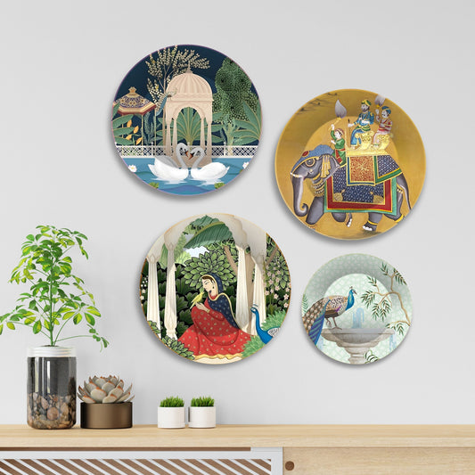 Mughal Garden Premium Wall Plates Painting Set of Four