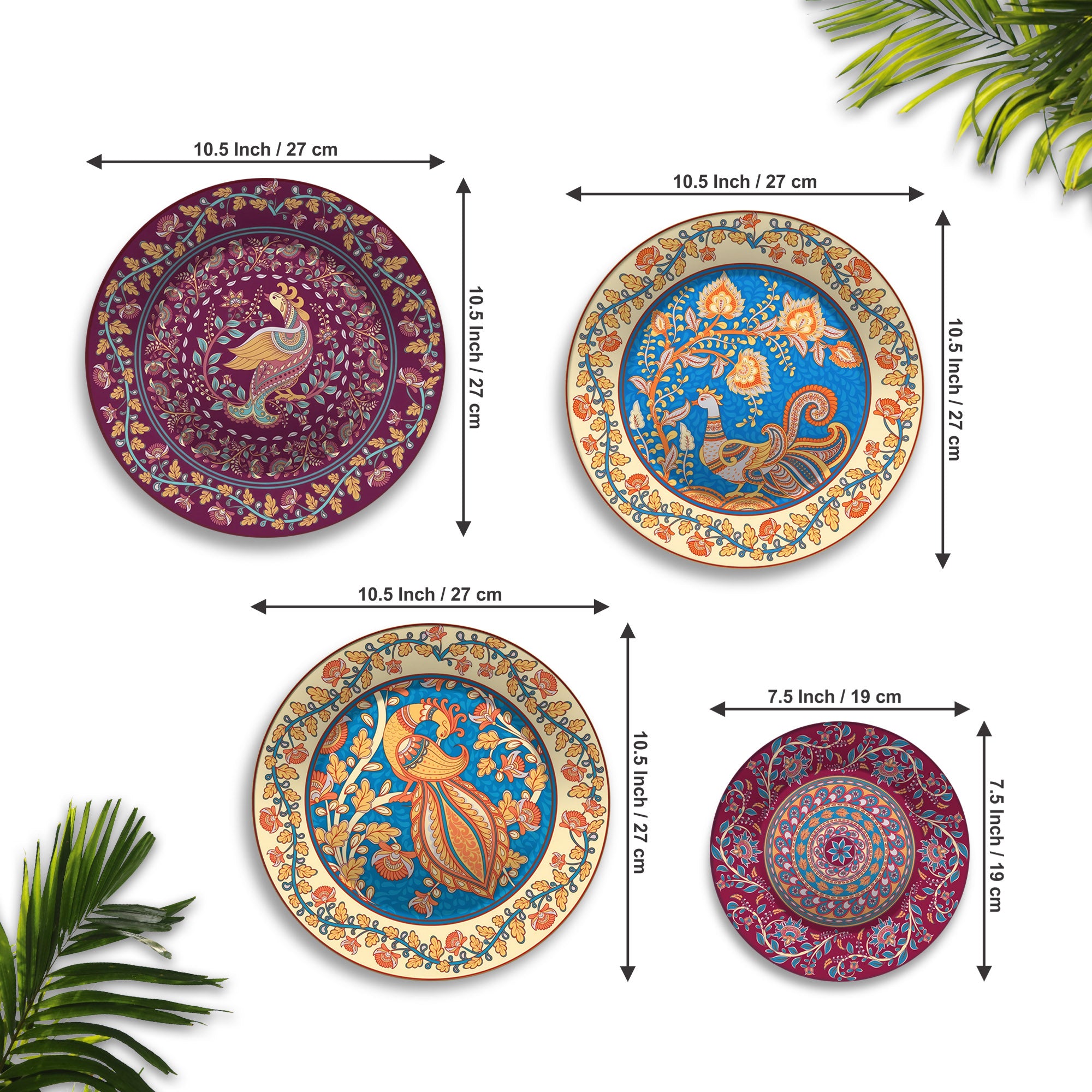 Mughal Inspired Majestic Peacock Premium Wall Plates Painting Set of Four