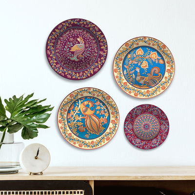 Mughal Inspired Majestic Peacock Premium Wall Plates Painting Set of Four