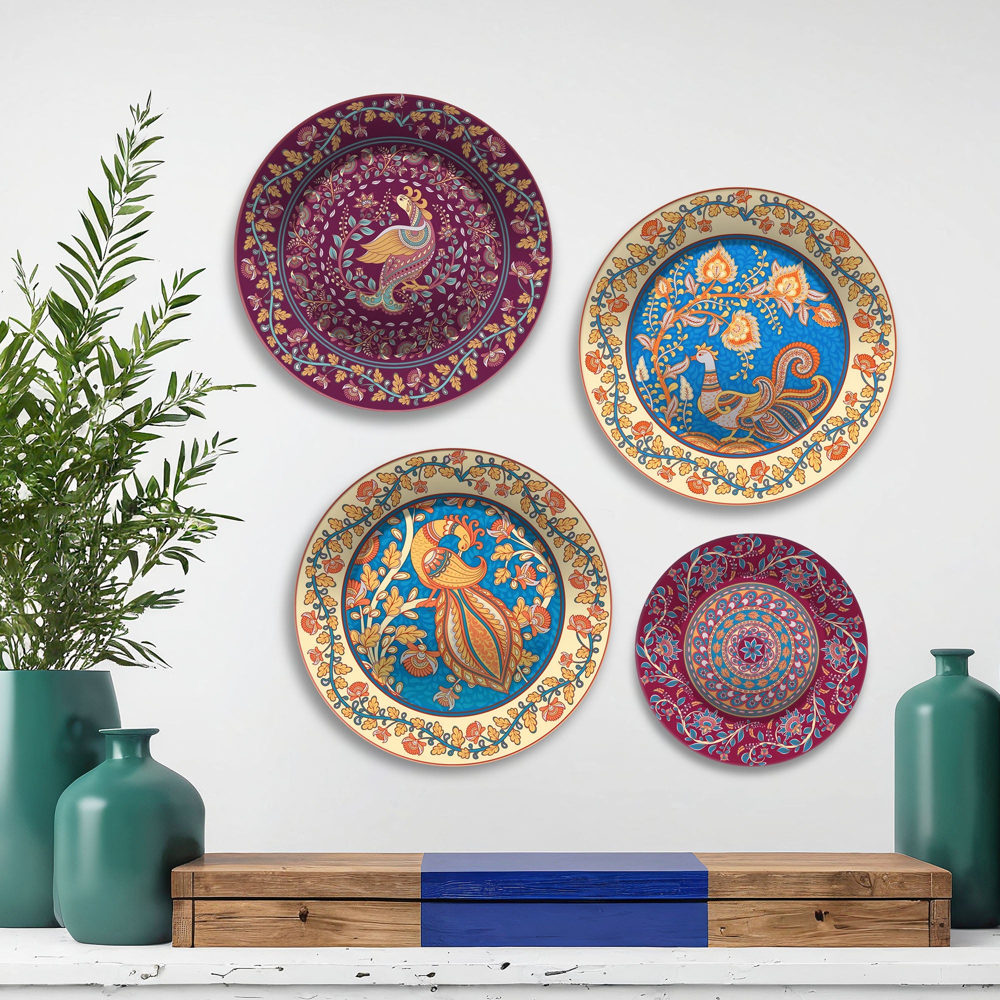 Mughal Inspired Majestic Peacock Premium Wall Plates Painting Set of Four