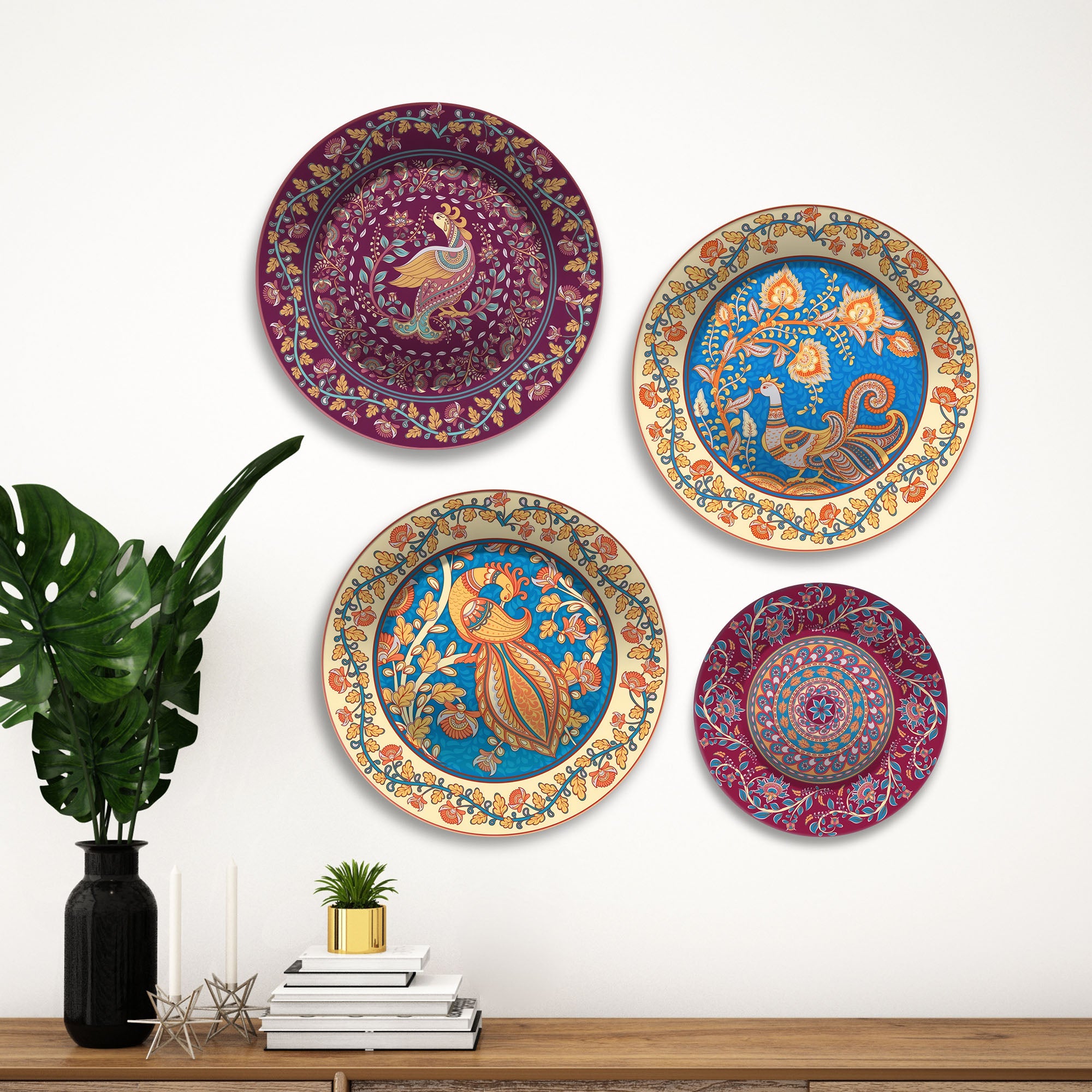 Mughal Inspired Majestic Peacock Premium Wall Plates Painting Set of Four
