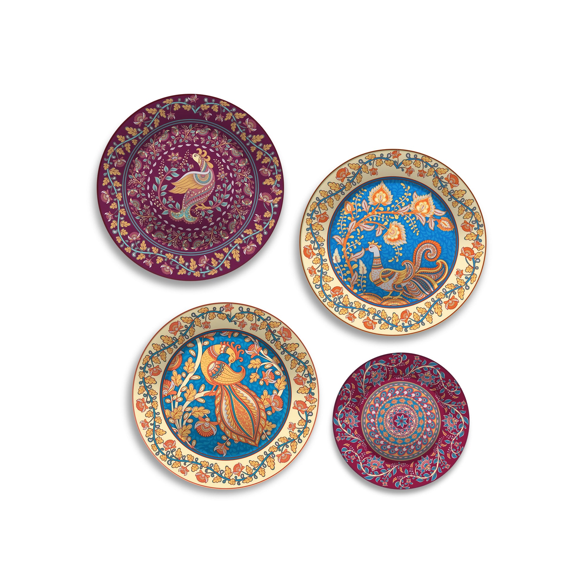 Mughal Inspired Majestic Peacock Premium Wall Plates Painting Set of Four