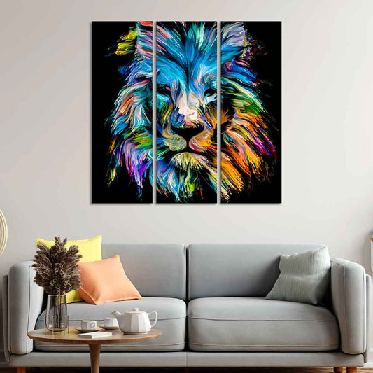 Multicolor Head of Lion Wall Painting Set of 3 Pieces