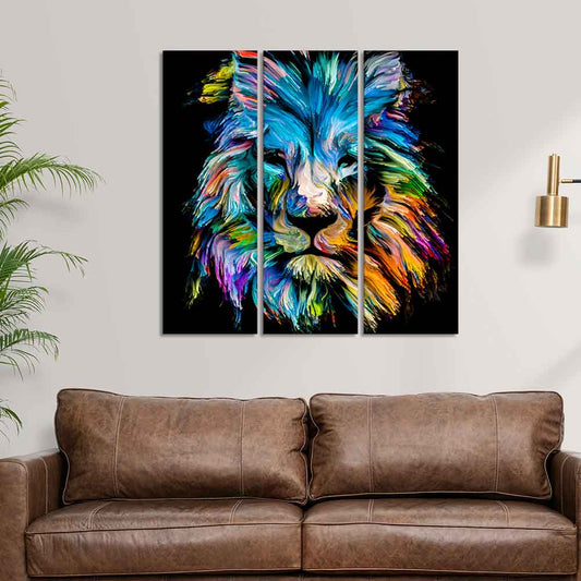 Multicolor Head of Lion Wall Painting Set of 3 Pieces