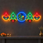 Multicolour Peacock Neon Light with Diyas & Feather Design