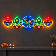 Multicolour Peacock Neon Light with Diyas & Feather Design