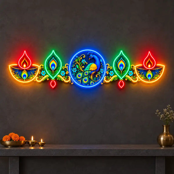 Multicolour Peacock Neon Light with Diyas & Feather Design