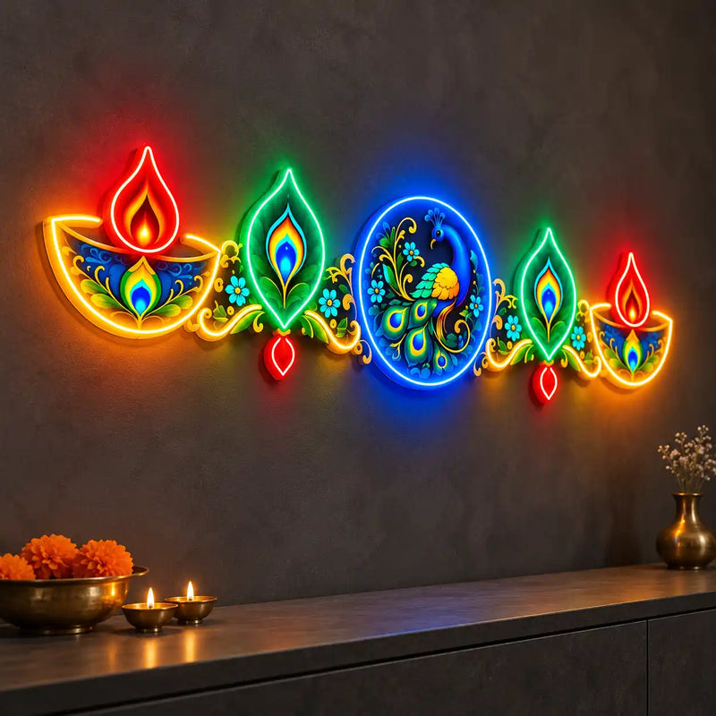 Multicolour Peacock Neon Light with Diyas & Feather Design